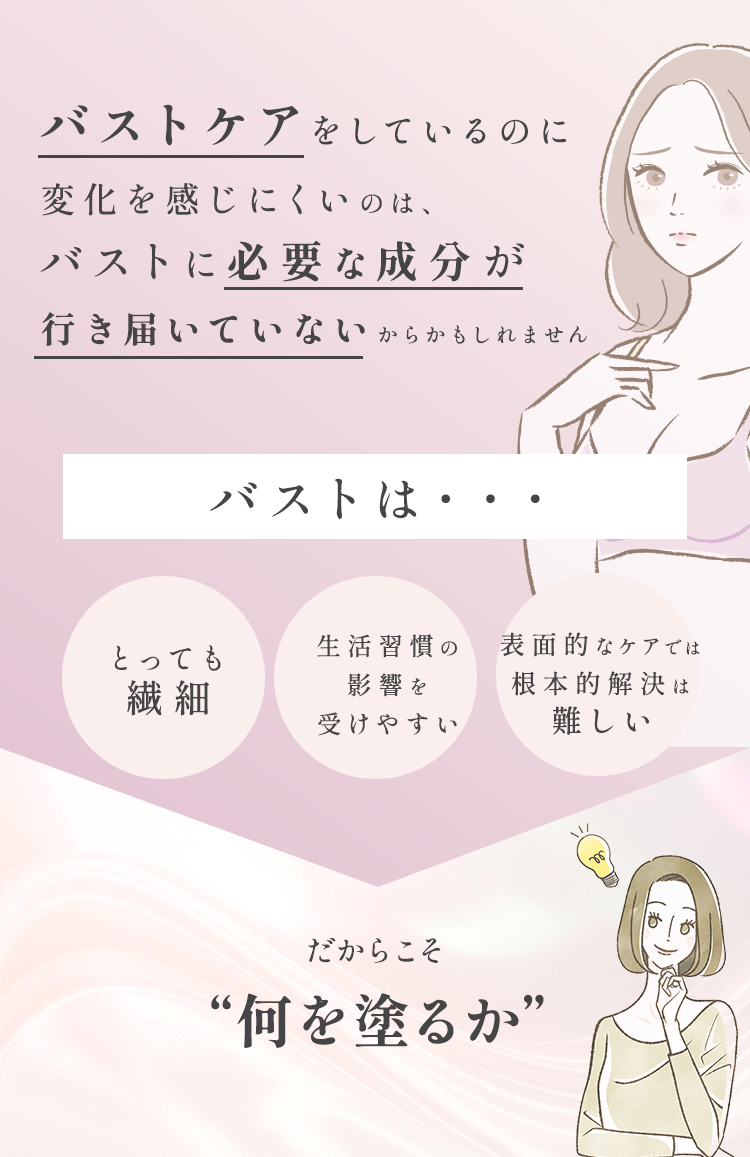 バストケアをしているのに変化を感じにくいのは、バストに必要な成分が行き届いていないからかもしれません